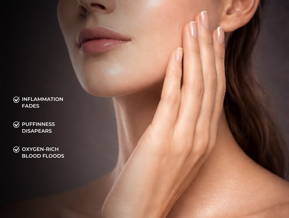 Radiant skin after a Frosteam facial ritual, showing reduced inflammation, diminished puffiness, and improved circulation for a natural glow