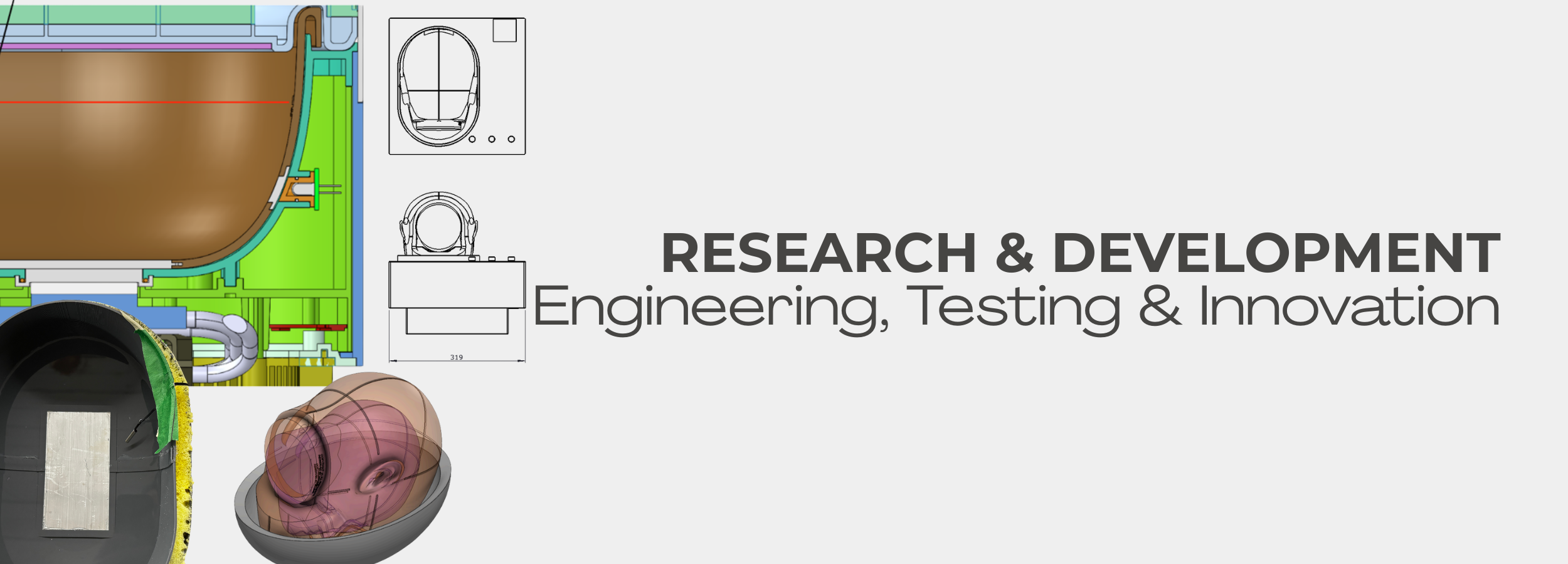 Frosteam research and development visuals showing engineering design, prototyping, and product testing for the 3-in-1 facial skincare and wellness device