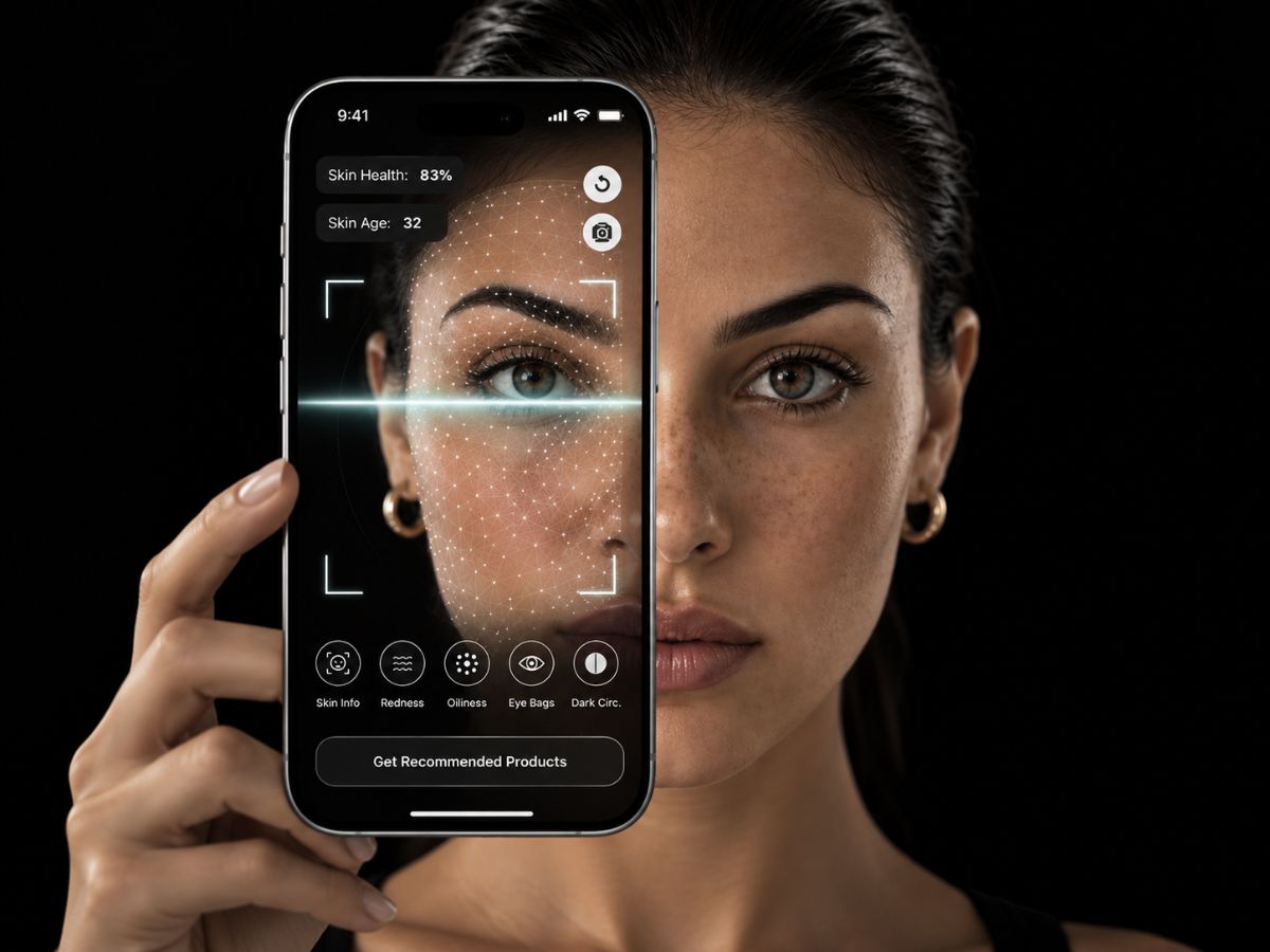 Woman holding a phone showing an AI skin analysis of her face