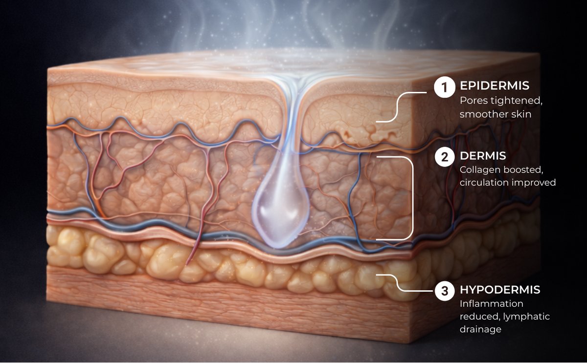 Skin cross-section showing Frosteam thermal steam tightening pores, boosting collagen production, improving circulation, and reducing inflammation across epidermis, dermis, and hypodermis