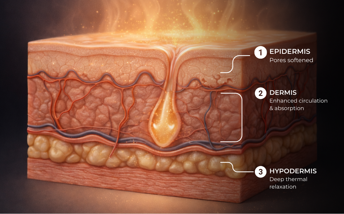 Frosteam thermal steam penetrating skin layers to open pores, enhance blood flow, and support deep skin renewal