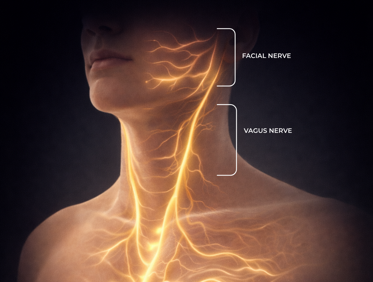 Visualization of Frosteam heat therapy stimulating the facial and vagus nerve to promote nervous system regulation, relaxation, and stress reduction